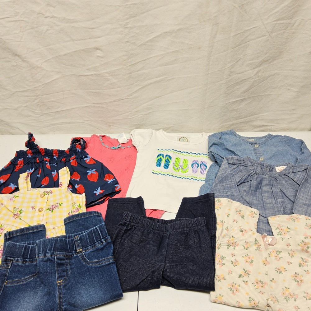 Baby Girl Clothing Lot 12M 9pc Pink Blue‎ Floral Strawberry Denim Mix Brands